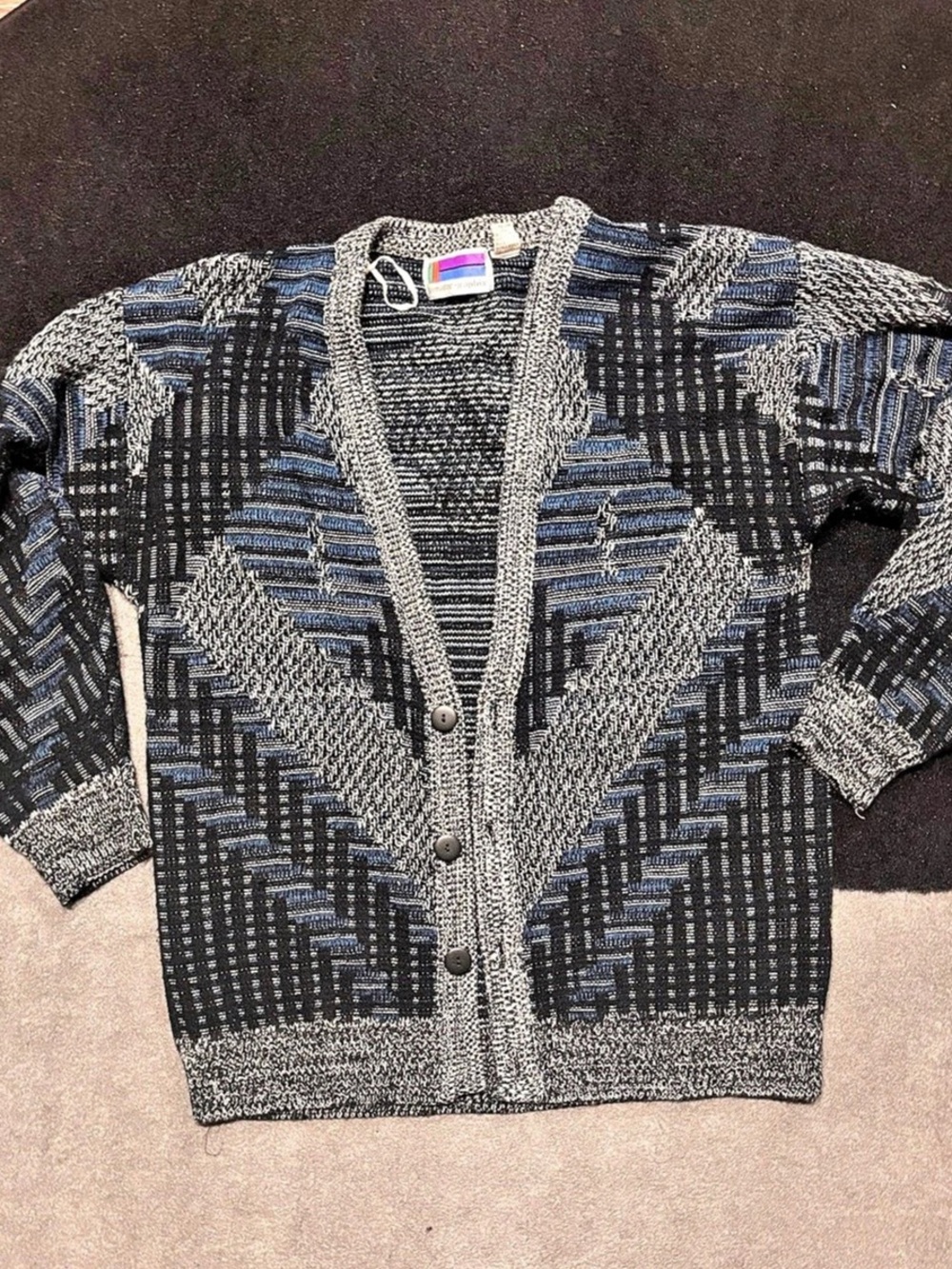 Vintage Geometric Knit Cardigan in Black & Blue